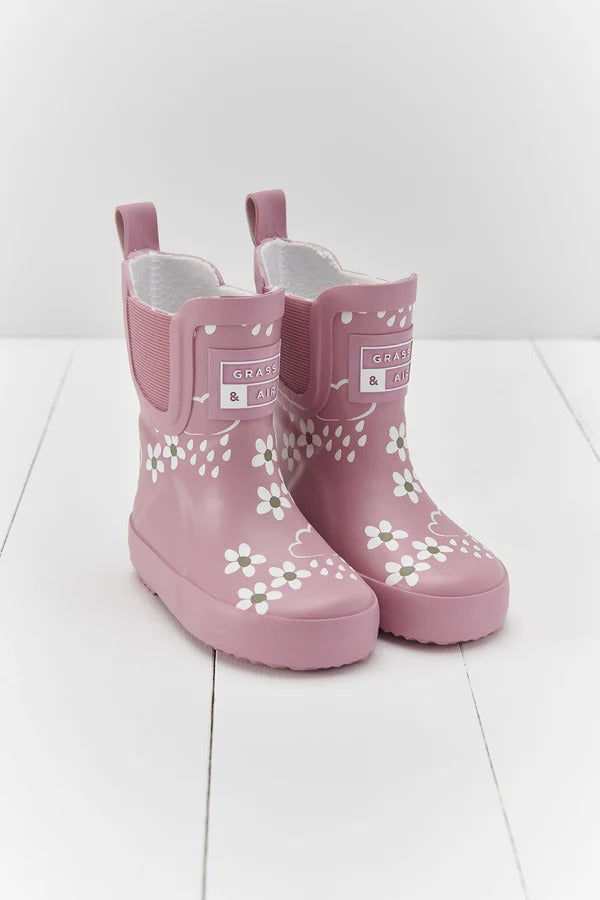 Grass Air Pink Bloom Floral Short Colour Changing Kids Wellies Just Jonah